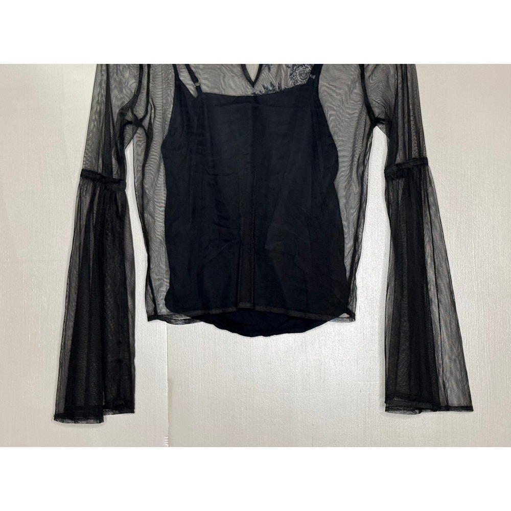 Hollister Black Mesh Embroidered Floral Bell Sleeve Top XS - Picture 8 of 8